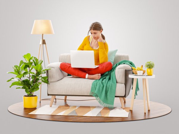 Pretty female working on laptop computer sitting on a couch at her home office. Studying, freelance and home office concept. Unusual 3d illustration